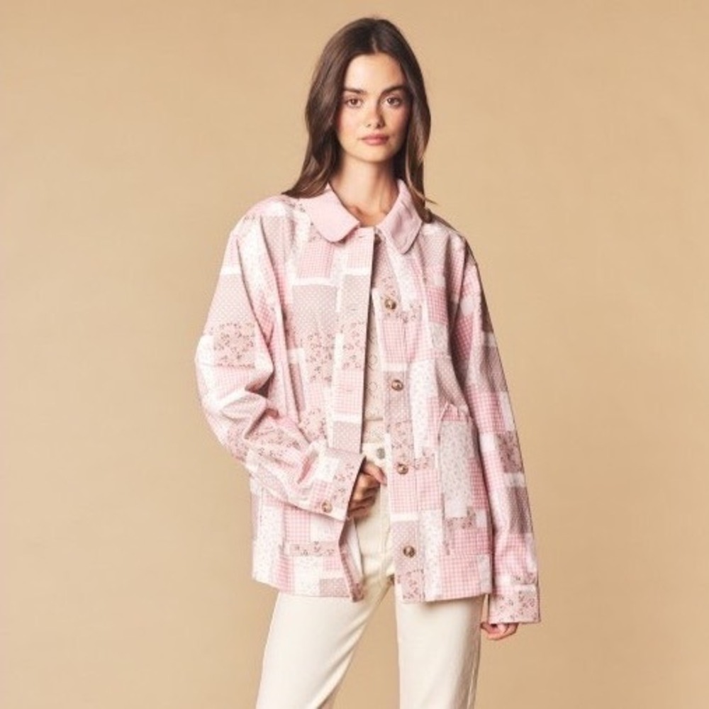 C276.New Rareraw Pink Patchwork Cotton Canvas Jacket with Corduroy Collar Floral